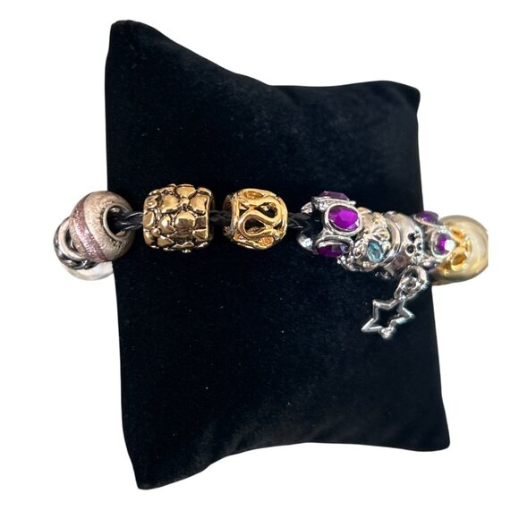 Pandora 925 Black Leather Charm Bracelet With Mixed Beads Glass & Stud Accents - Picture 3 of 7